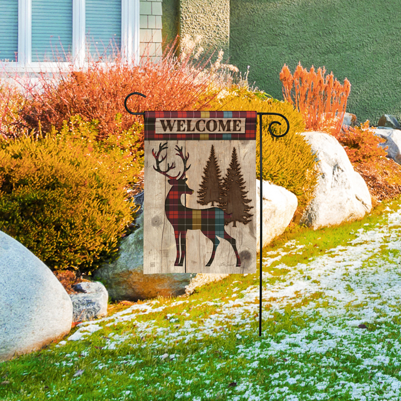 Plaid Deer Silhouette Garden Flag thumbnail