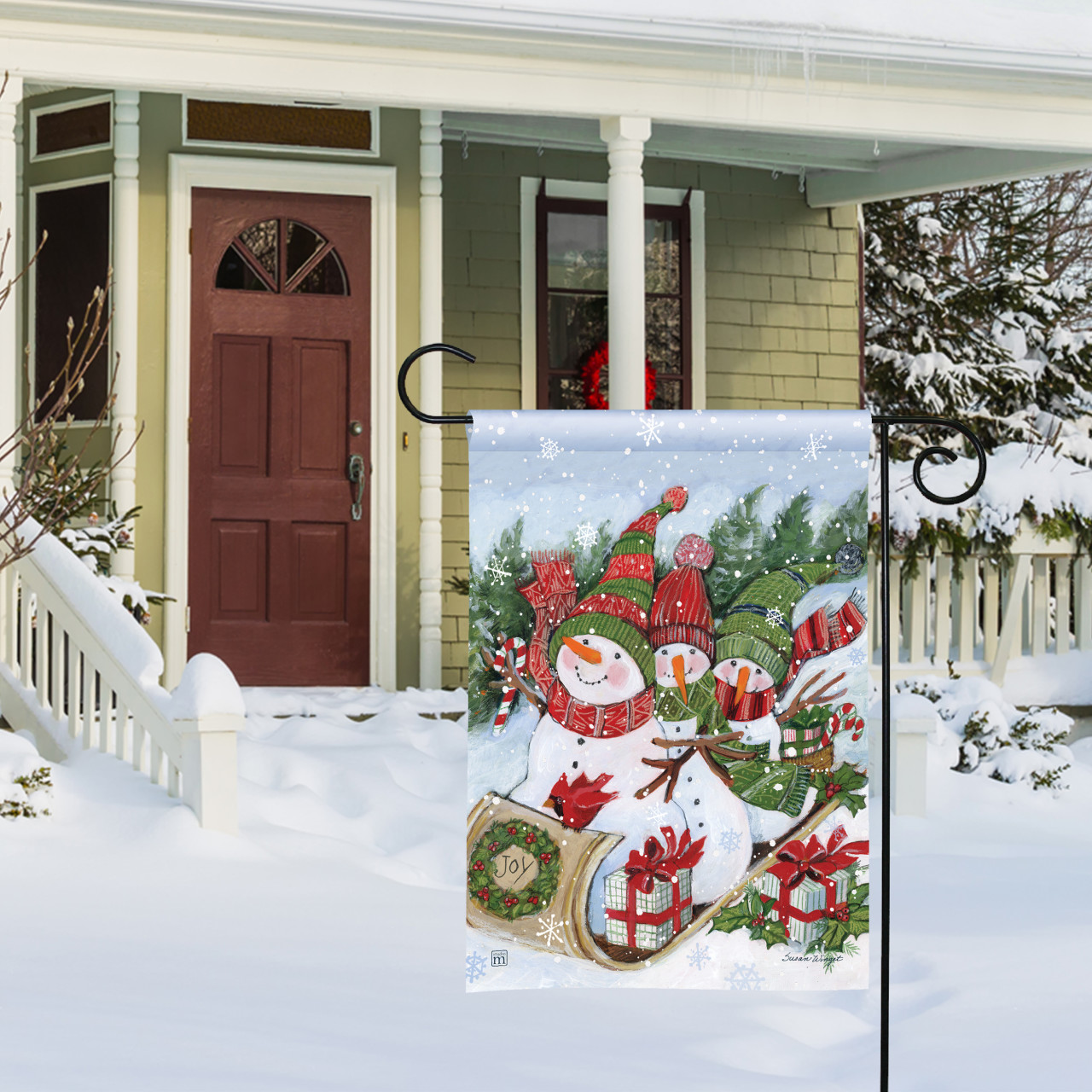 Sledding Snowmen Garden Flag thumbnail