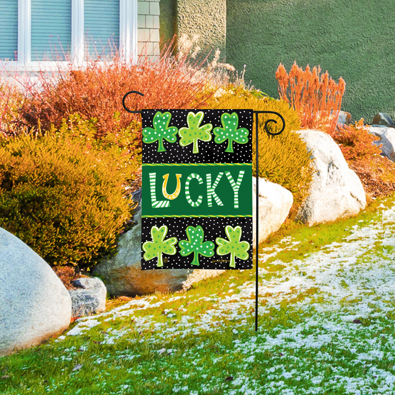 Lucky Horse Shoe & Shamrocks Garden Flag thumbnail