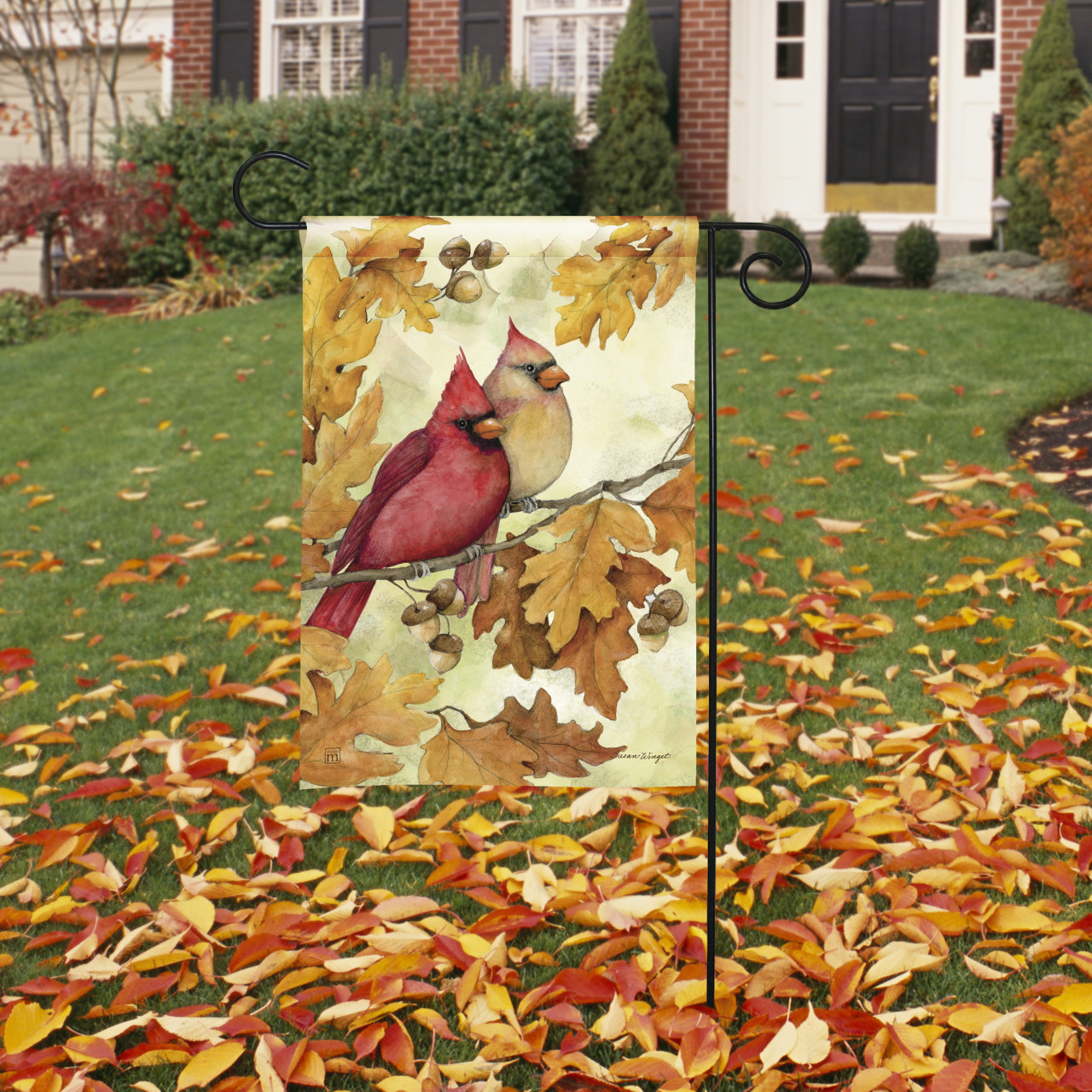 Cardinals in Fall Oak Leaves Garden Flag thumbnail