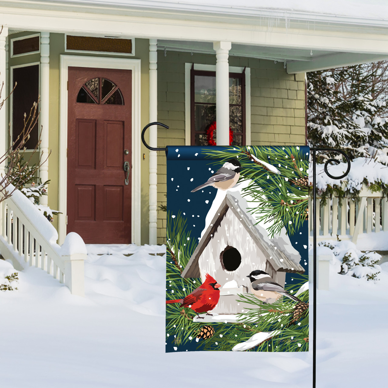 Birdhouse in Winter Garden Flag thumbnail