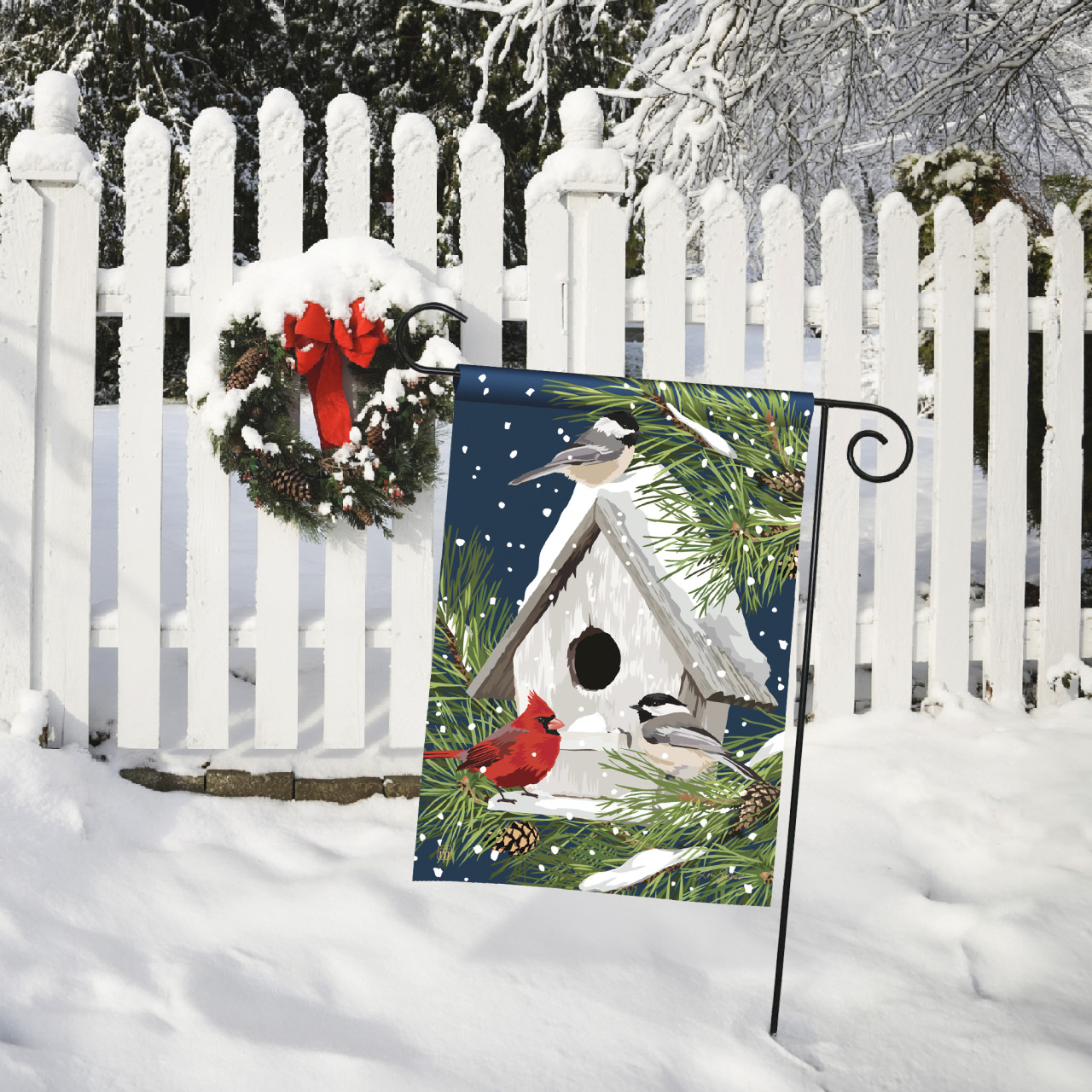 Birdhouse in Winter Garden Flag thumbnail