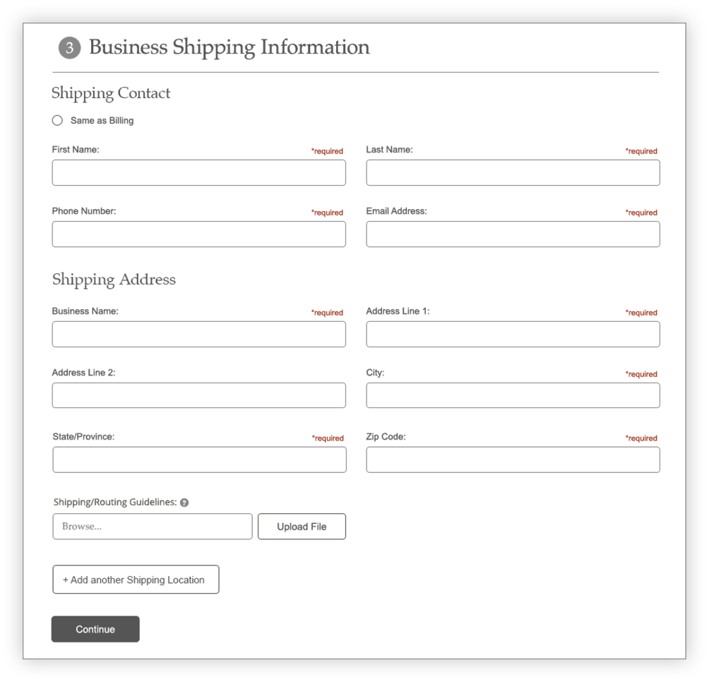 Create Account Business Shipping section screen