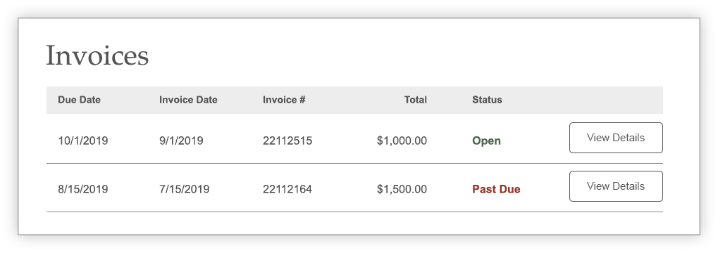 List of Invoices screen