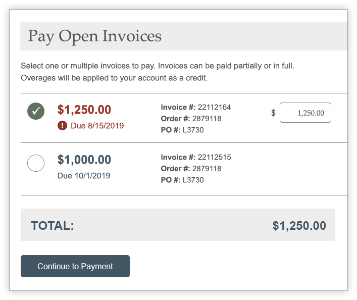 Pay Invoice Checked screen