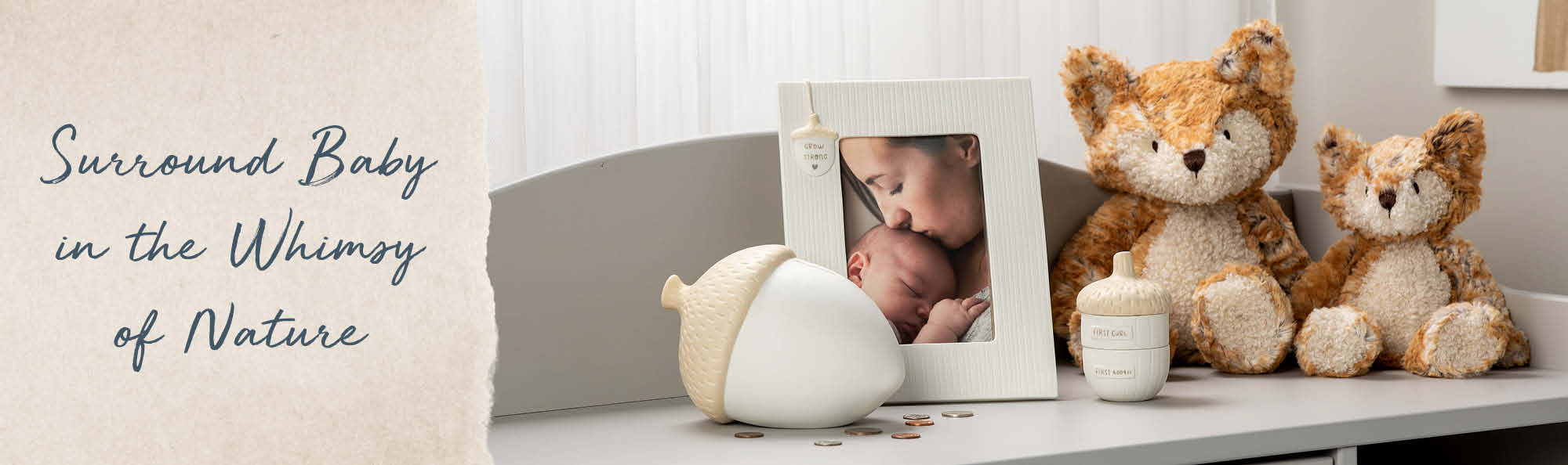 Surround Baby in the Whimsy of Nature. Stuffed fox animal and acorn decor in baby's room.