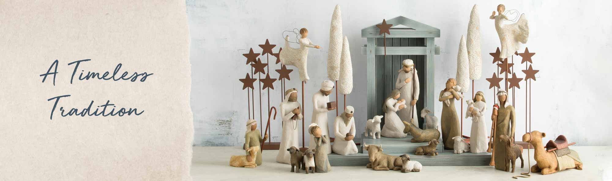 A timeless tradition. Hand carved nativity scene of Joseph, Mary and baby Jesus with wisemen, shepherds, angels, and animals.