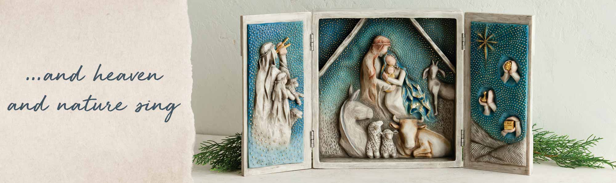 And heaven and nature sing. Hand carved box with nativity scene of Joseph, Mary, and baby Jesus.