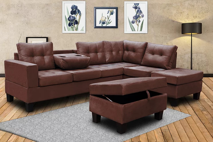 3 PCS SECTIONAL IN BROWN MICROFIBER WITH DROP DOWN CUP HOLDER AND STORAGE OTTOMAN