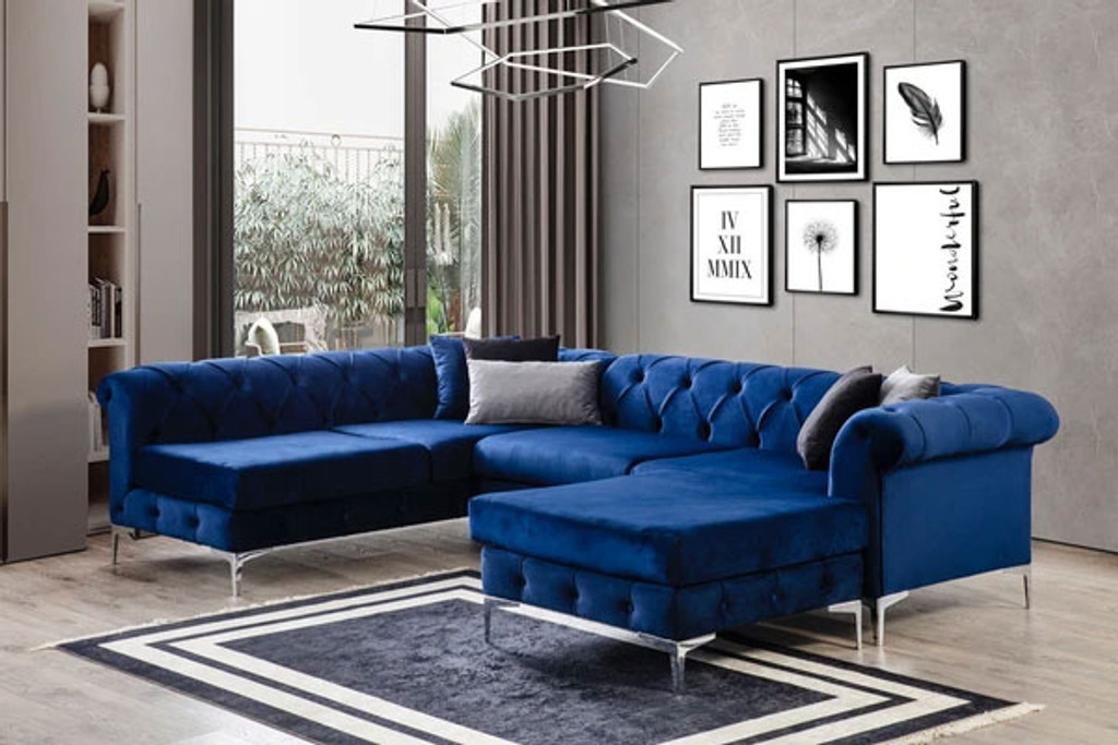 Lorenzo Navy Velvet LAF Sectional with Ottoman