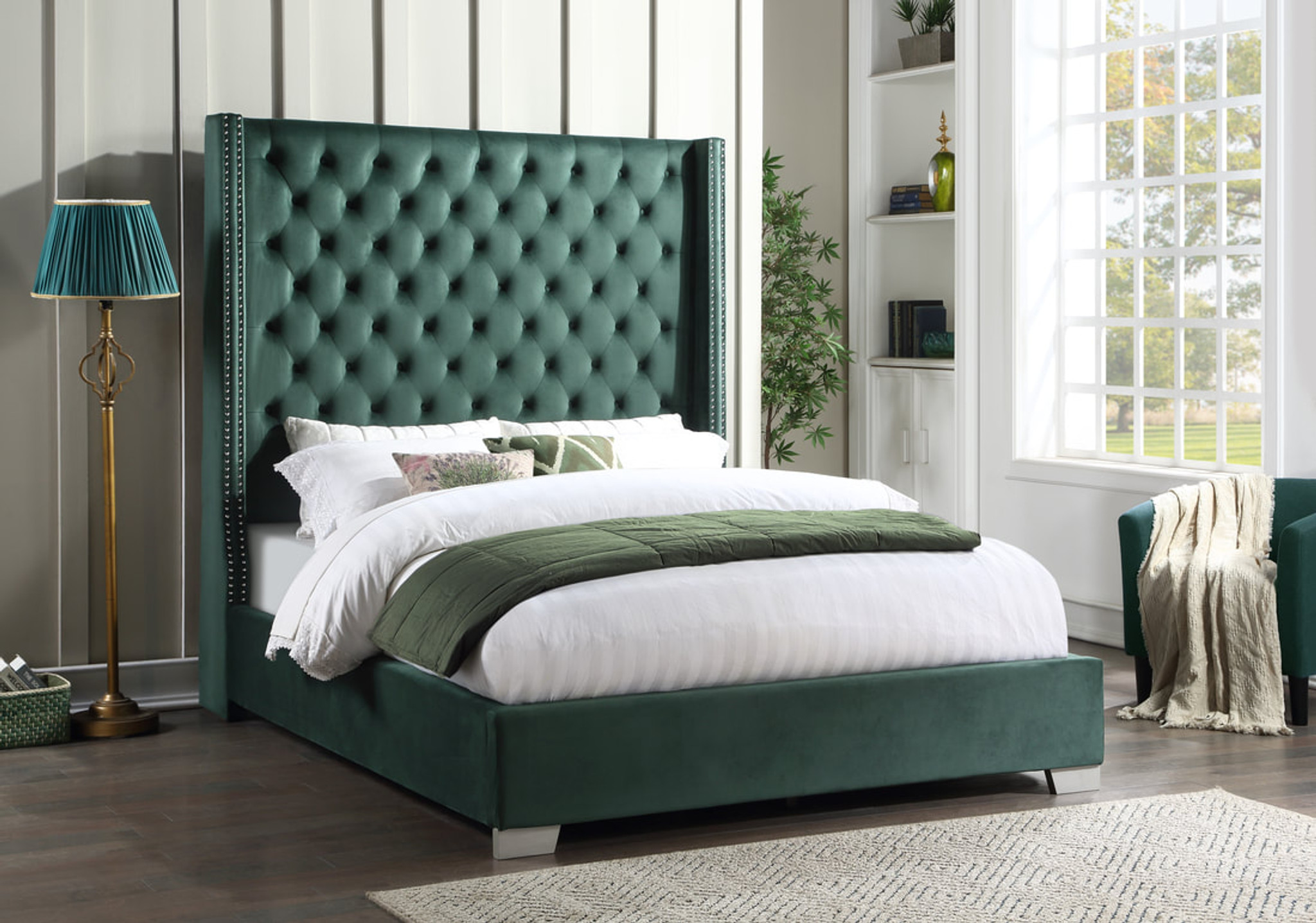 Green velvet tufted bed clearance