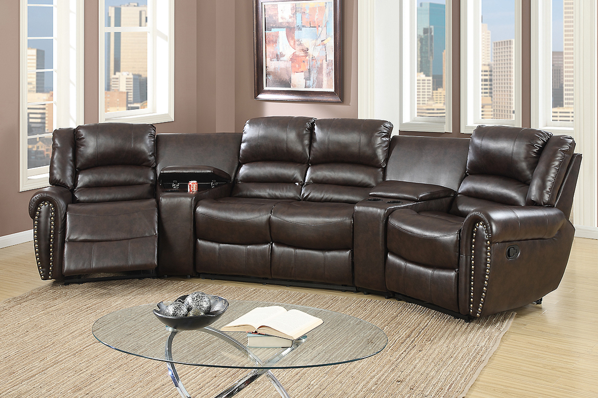 5PC RECLINING HOME THEATER SECTIONAL SET IN BROWN COLOR - KM Home Furniture  & Mattress