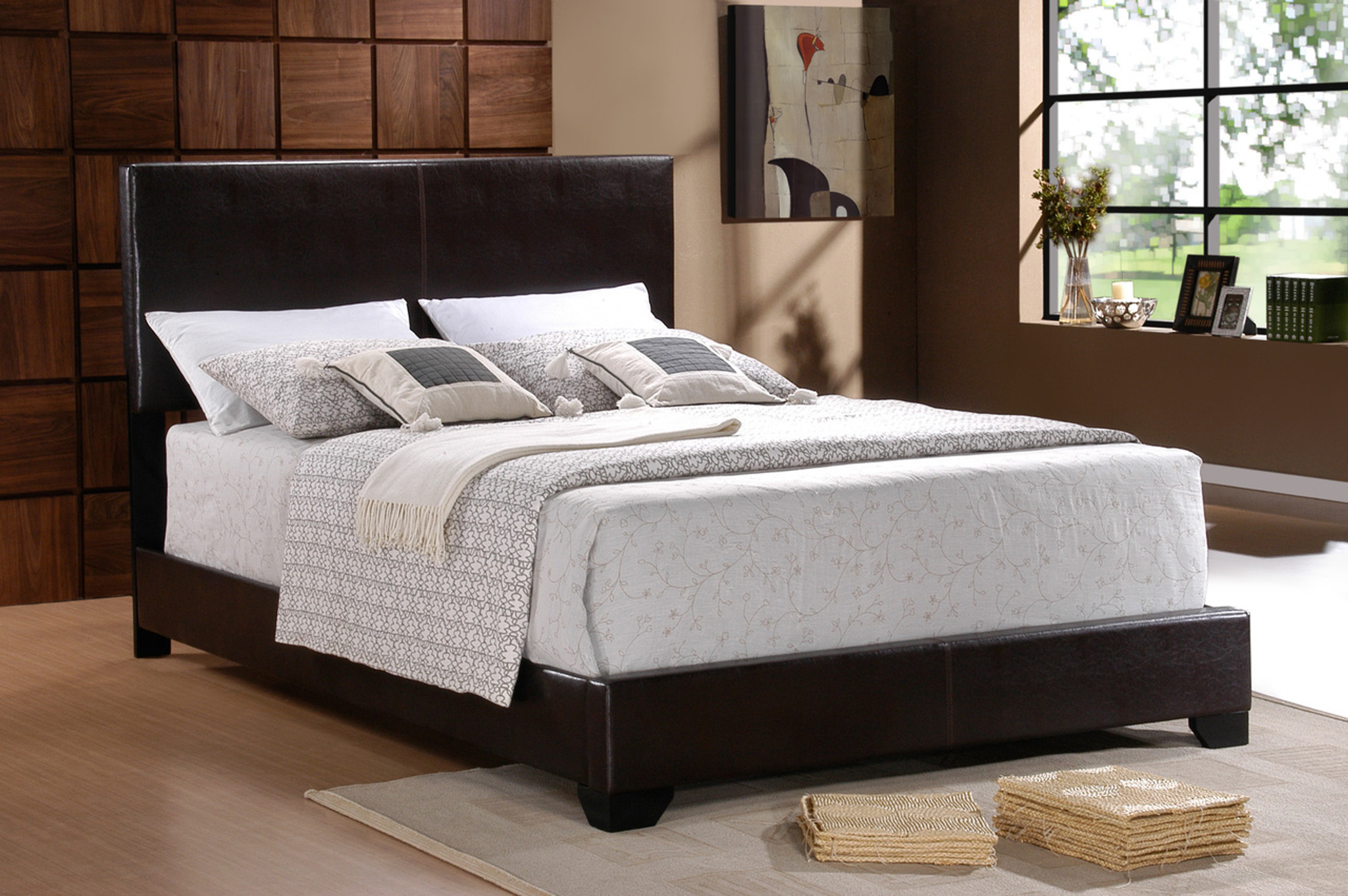 black leather bed with mattress