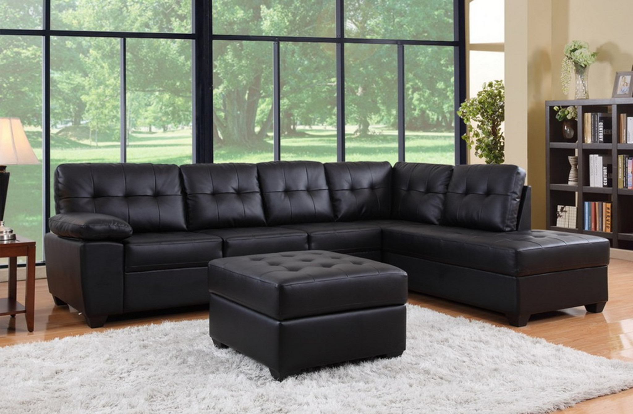 black full grain leather sofa with chaise