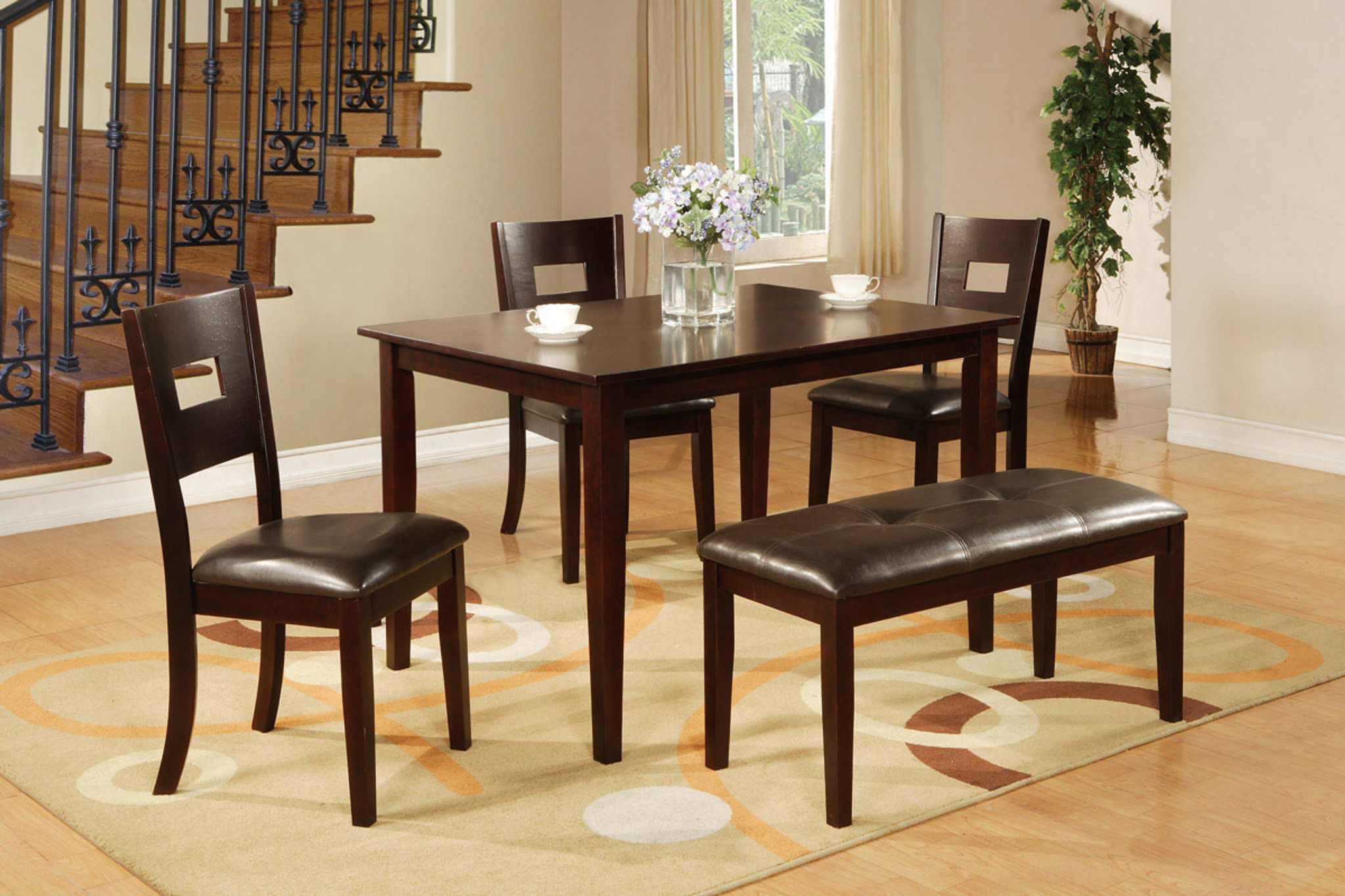 DEEP DARK BROWN HUE WOOD FINISH FAUX LEATHER 5-PCS DINING ROOM SET - KM