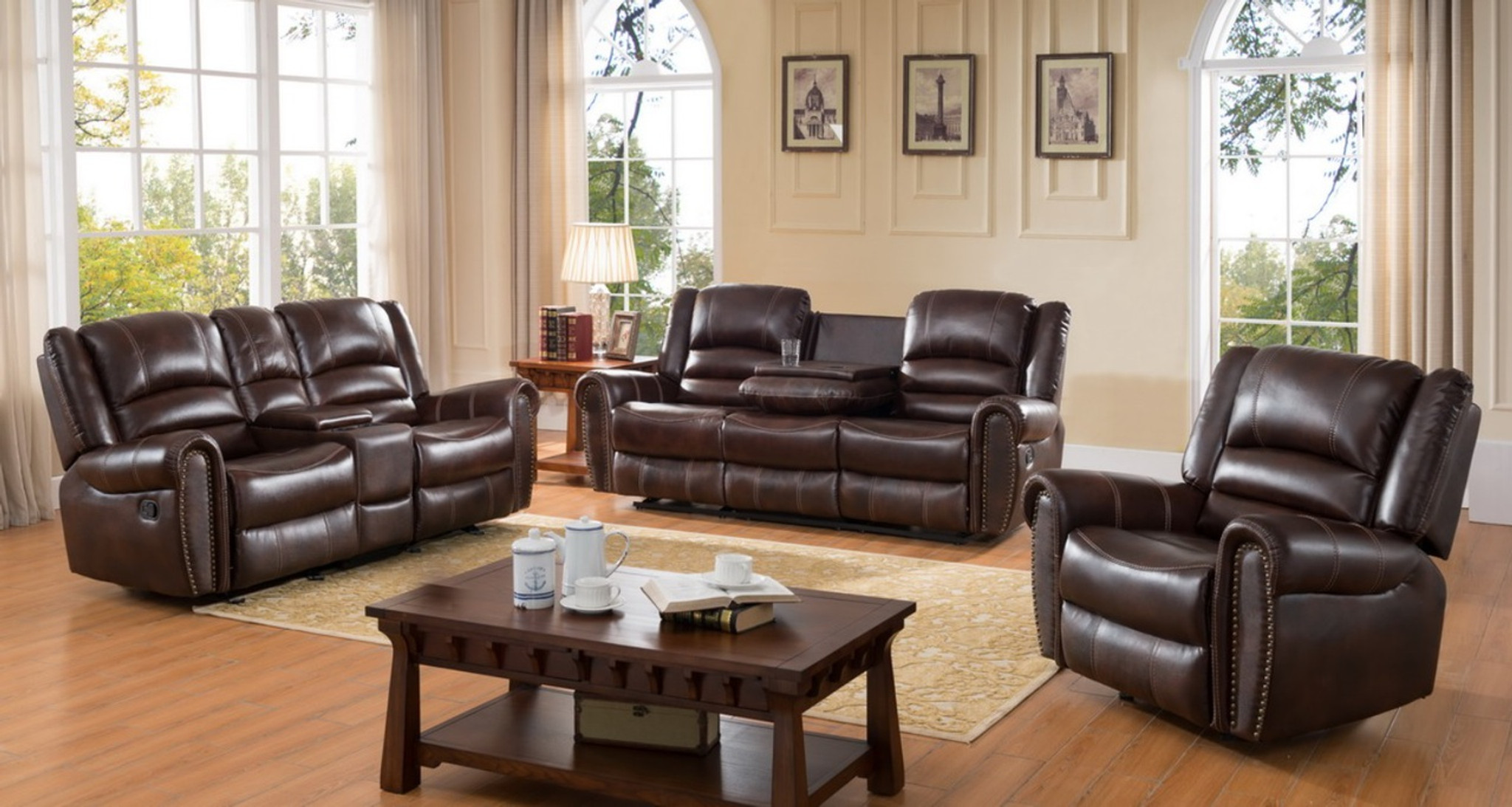 Arthur 3 Pcs Living Room Brown Leather Nail Head Trim Recliner Set KM Home Furniture
