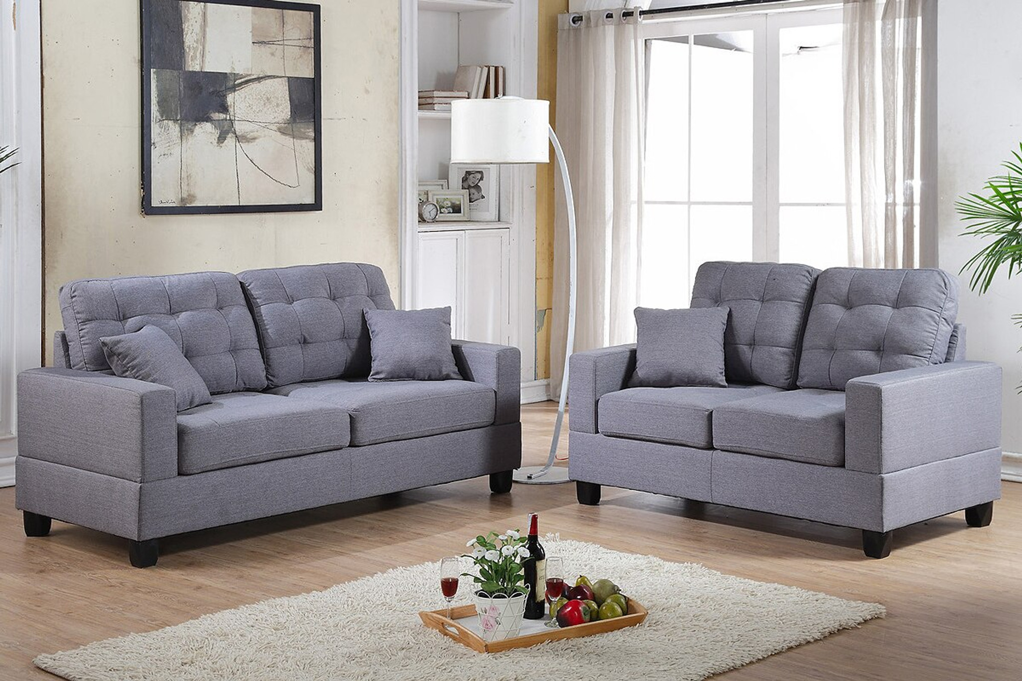 KASSA MALL HOME FURNITURE - F7858 - 2PCS Sofa Set in Grey Linen with Four  Accent Pillows