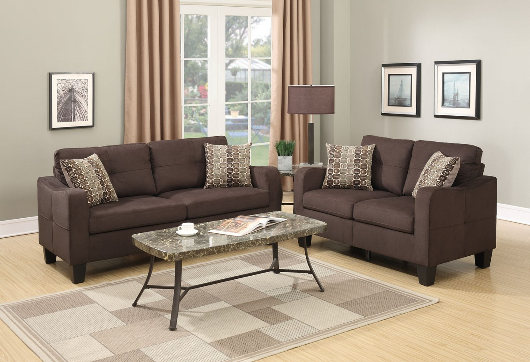 Loveseat Sofa Set With Four Accent Pillows And In Chocolate Linen