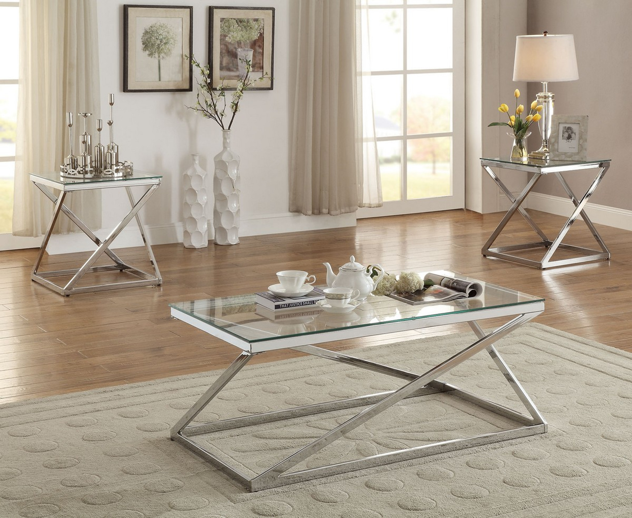 glass and silver coffee table set