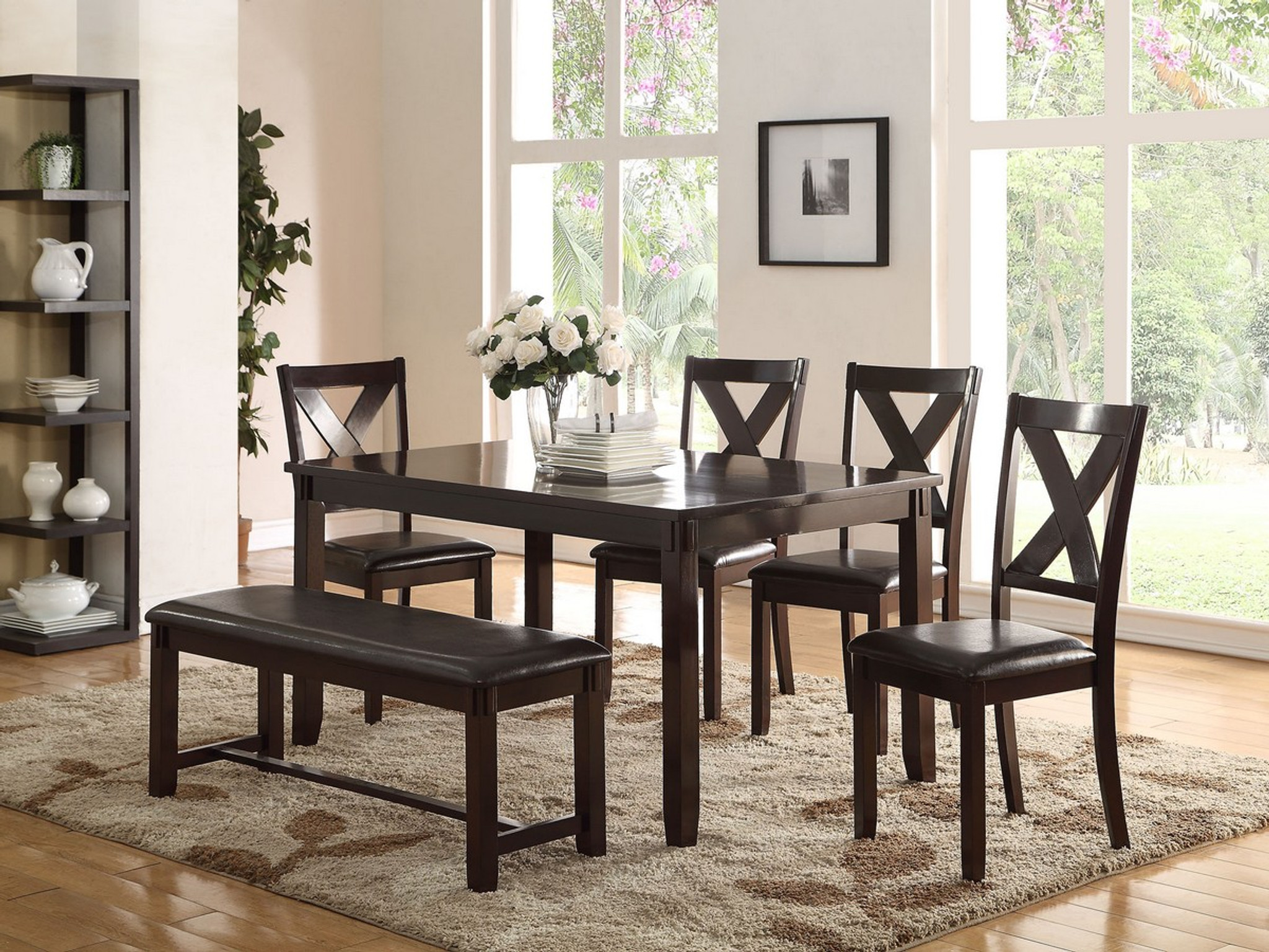 6 pcs espresso finish wood dining table set with padded seat chairs and  bench