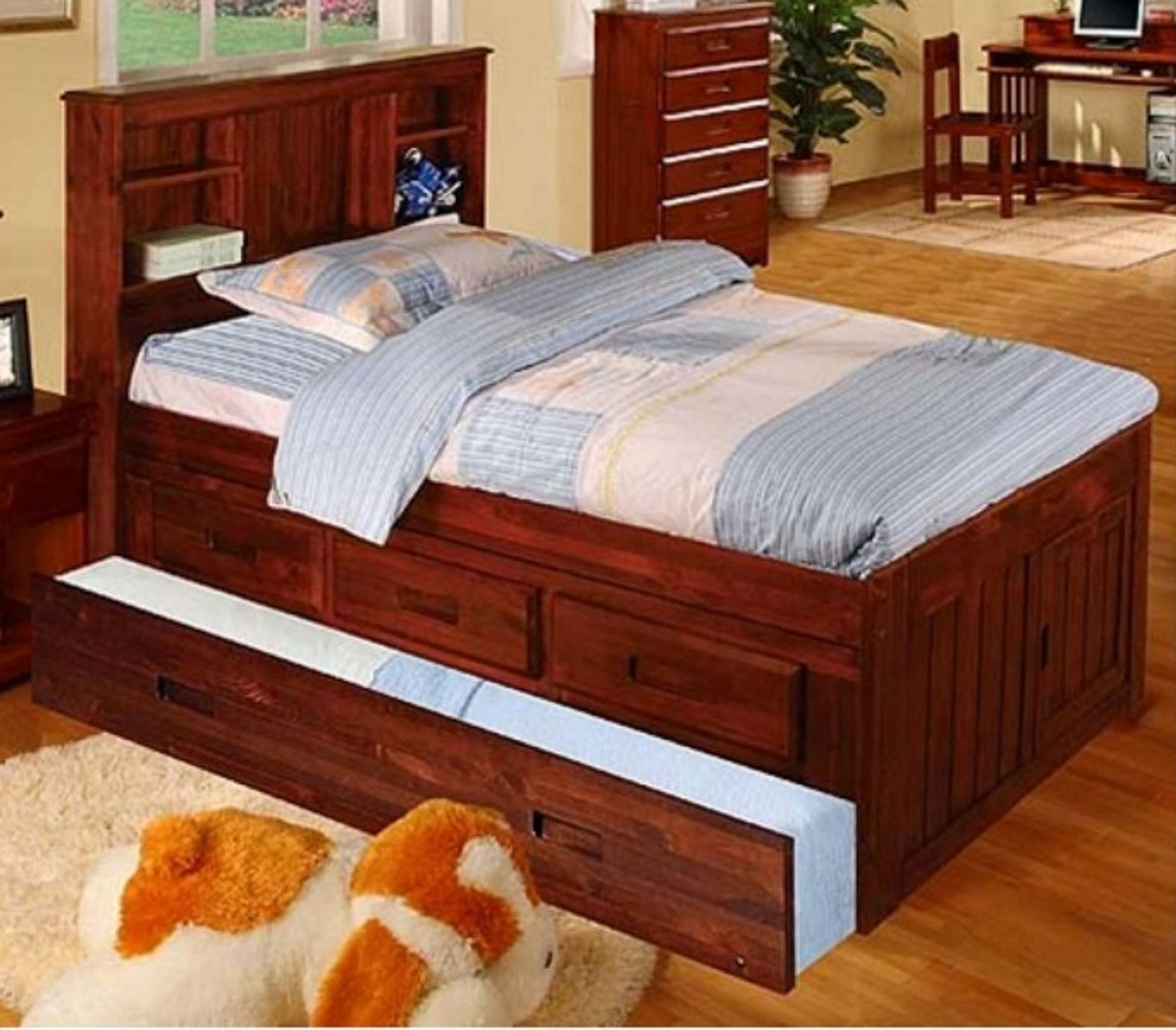 2820 Twin Bookcase Headboard Captain Bed W Trundle 3 Drawers