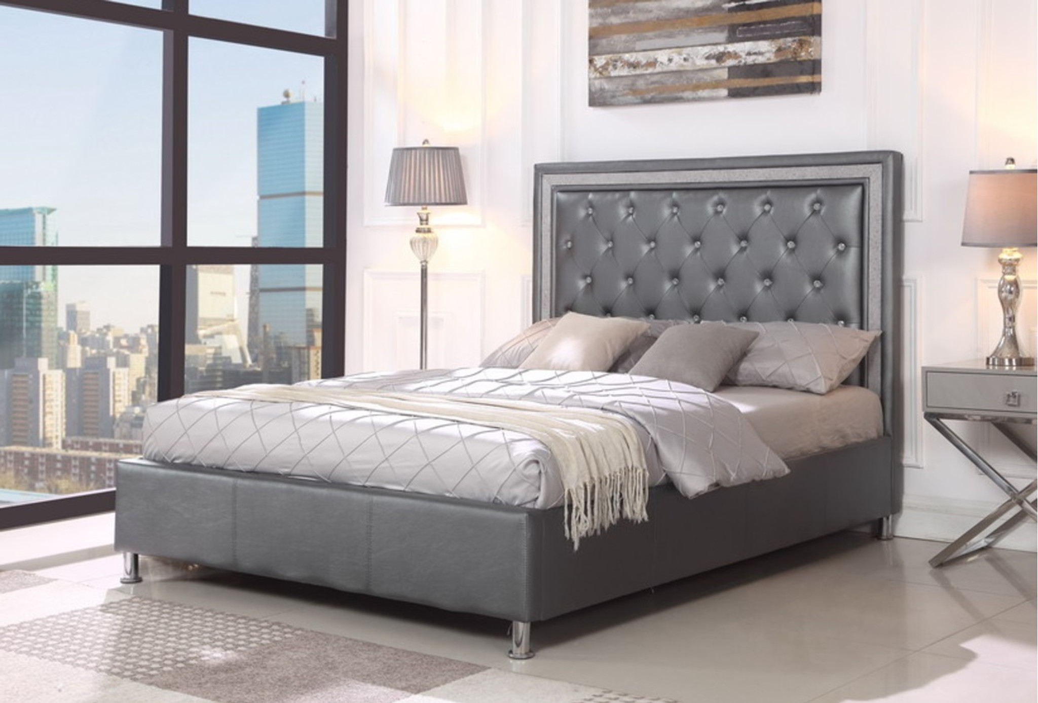 MICCAELA GRAY LEATHER TUFTED PLATFORM BED FRAME AND MATTRESS - Kassa