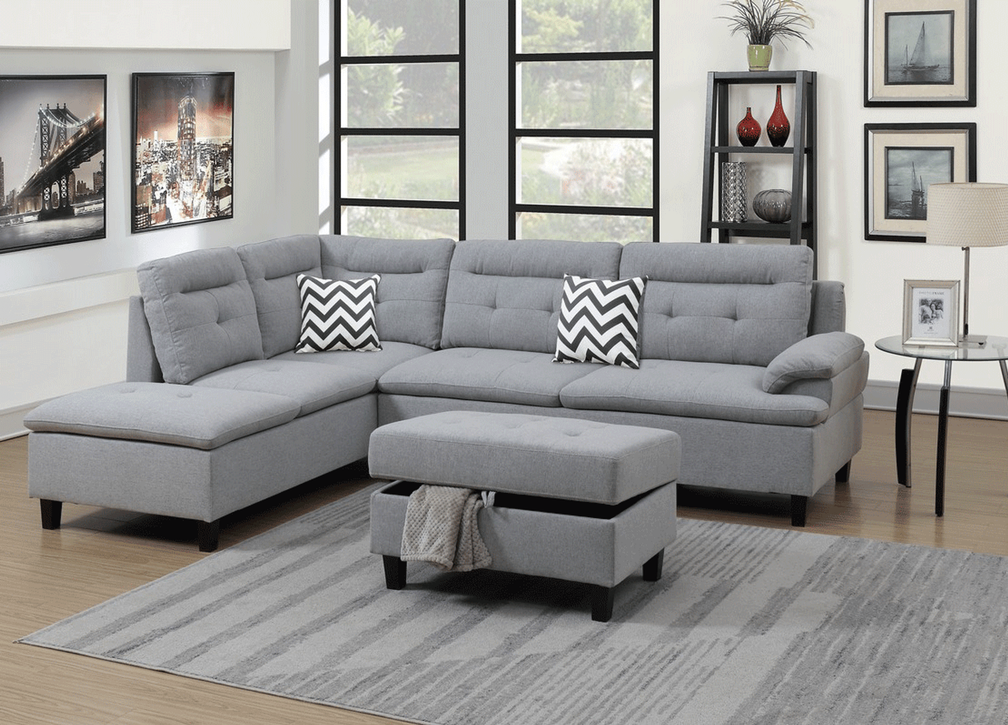 F6589 3pc Cornelio Sectional Set With Ottoman In Grey By Poundex