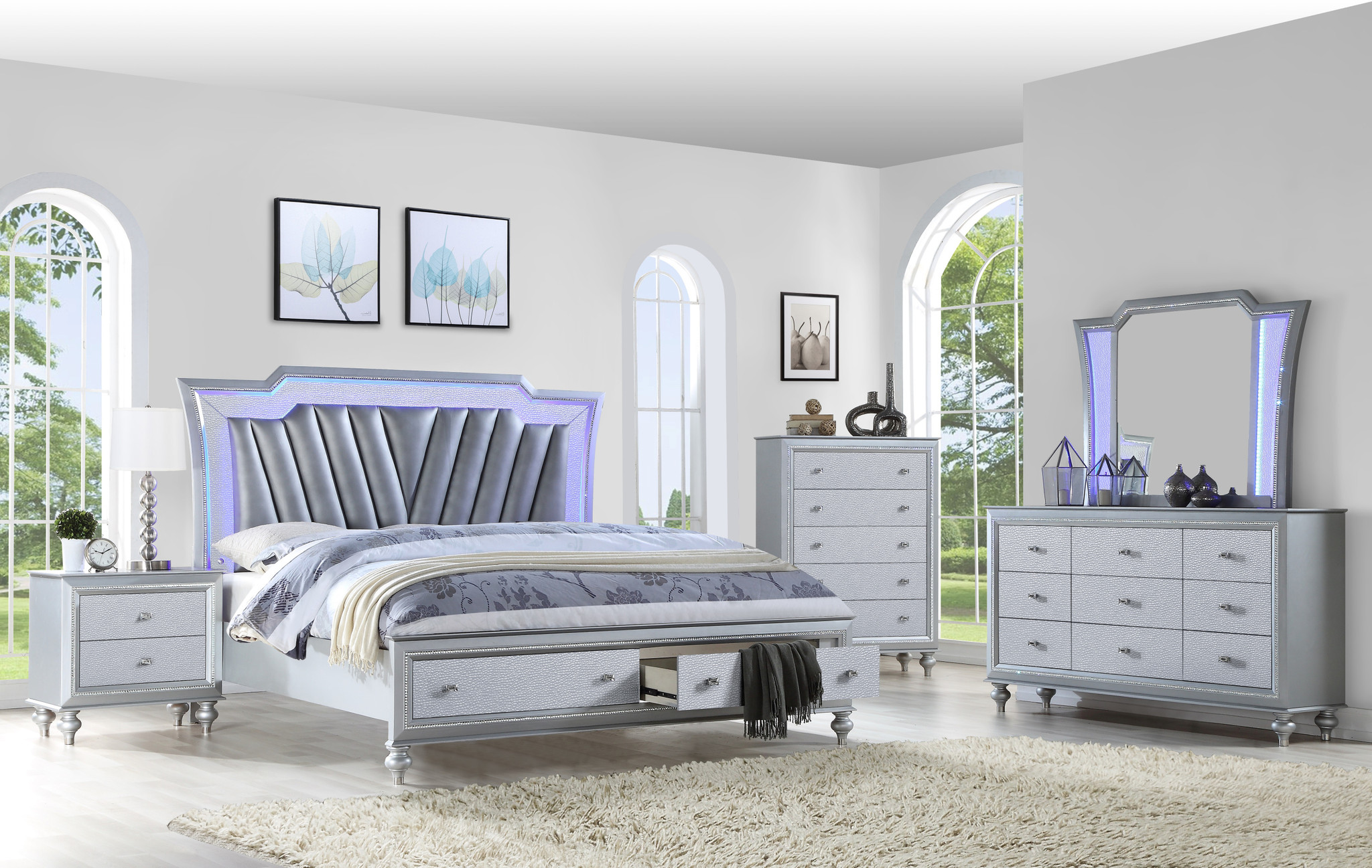 silver headboard with lights