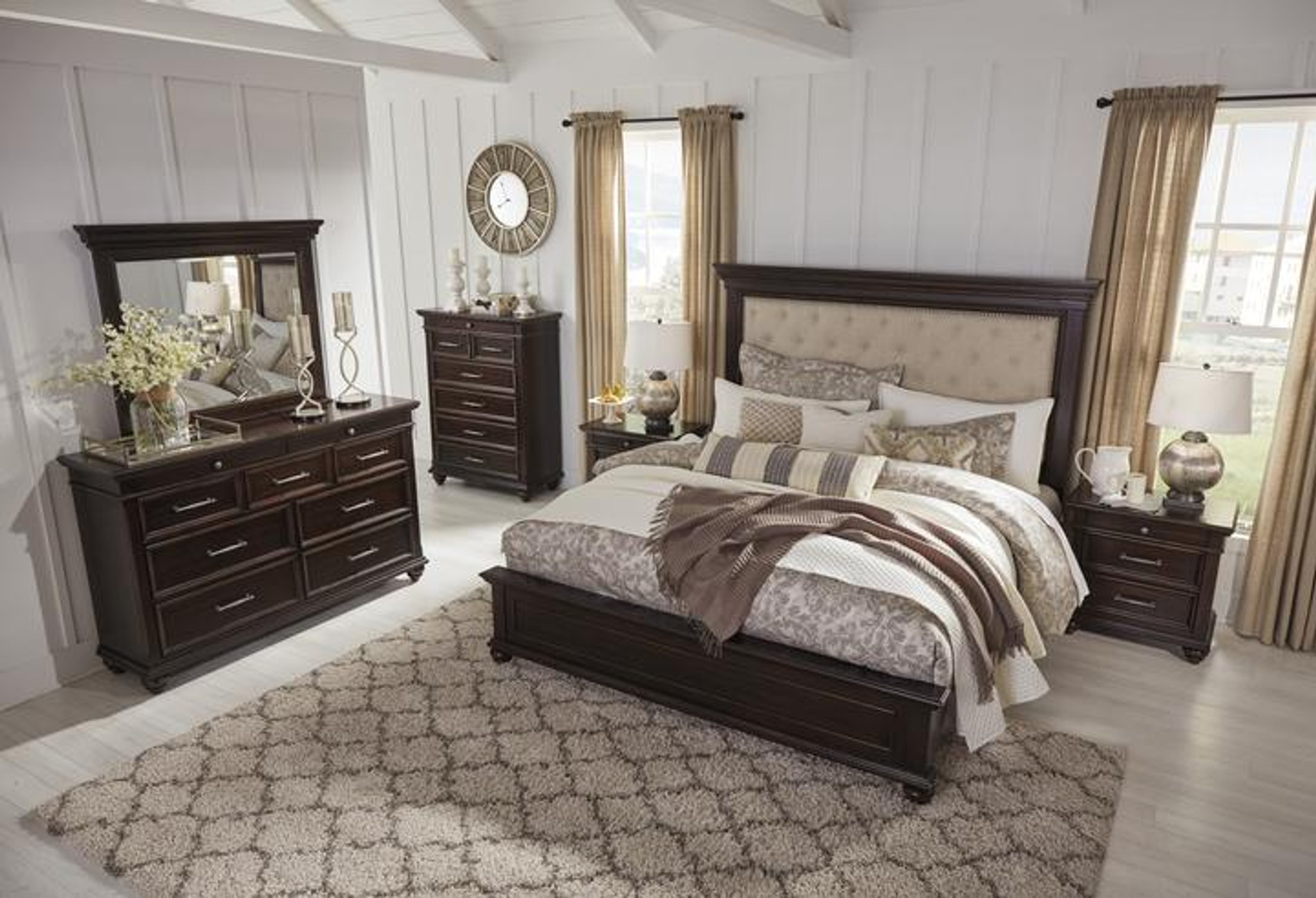 6 Pc Brynhurst Dark Brown Upholstered Panel Bedroom Set By Km Home Furniture Houston Texas