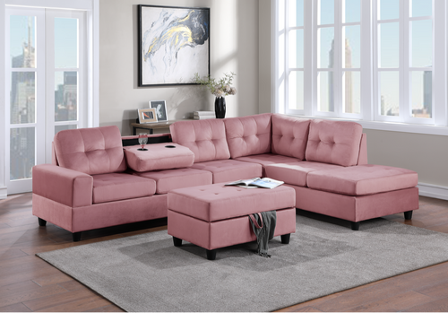 3 Pcs Heights Reversible Sectional with Drop Down Cup Holder With Ottoman In Pink Color