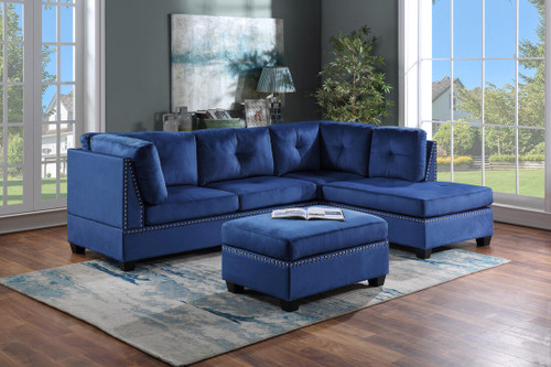 Sienna Sectional Blue Velvet Sectional with Free Ottoman