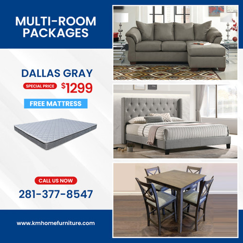 DALLAS GRAY 3 ROOM PACKAGE DEAL WITH FREE MATTRESS
