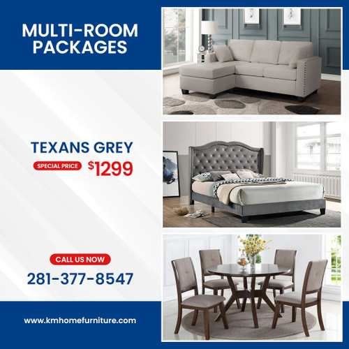 TEXANS GRAY 3 ROOM PACKAGE WITH FREE MATTRESS