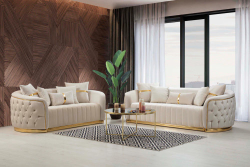 Monaco Sofa & Loveseat - Velvet Upholstery - Cream