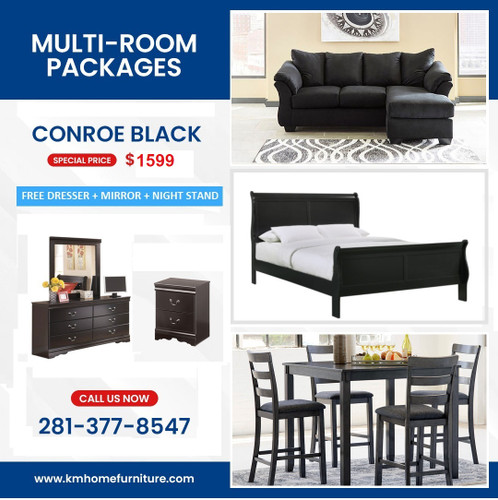 CONROE BLACK 3 ROOM PACKAGE DEAL WITH FREE DRESSER MIRROR & NIGHT STAND