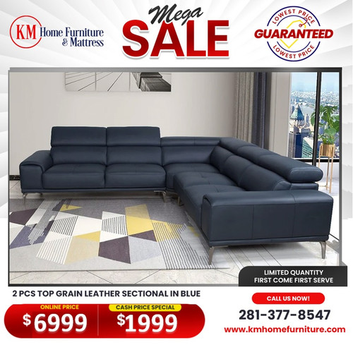 Mega Sale 2-Piece Top Grain Leather Sectional in Blue