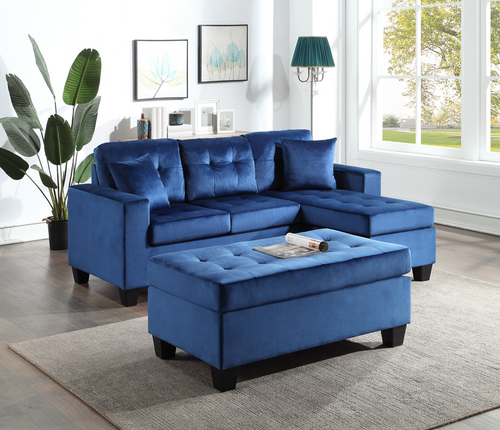Naomi Blue Velvet Sectional with Accent Pillows and Ottoman