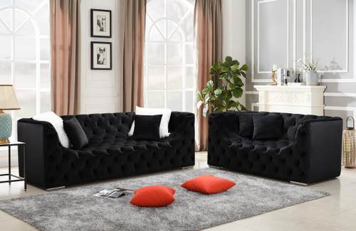 Kylie Black Sofa & Loveseat Set in Gray Velvet