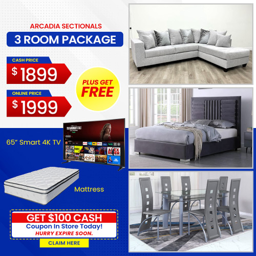 FREE 65" TV PLUS FREE MATTRESS -  ARCADIA 3 ROOM PACKAGE 3 ROOM PACKAGE, AMAZING BUNDLE, COMPLETE HOME PAKAGE, FREE SMART TV, FREE MATTRESS