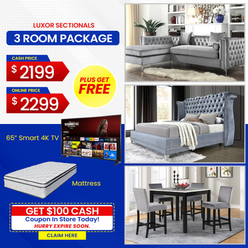 FREE 65 Inch TV PLUS FREE MATTRESS - LUXOR 3 ROOM PACKAGE