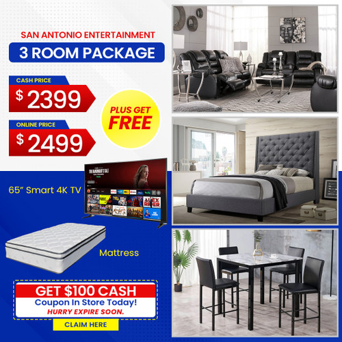FREE 65 Inch TV PLUS FREE MATTRESS - SAN ANTONIO 3 ROOM PACKAGE