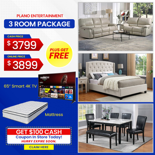 FREE 65 Inch TV PLUS FREE MATTRESS - PLANO 3 ROOM PACKAGE