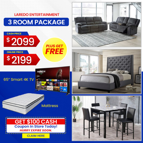FREE 65 Inch TV PLUS FREE MATTRESS - LAREDO 3 ROOM PACKAGE