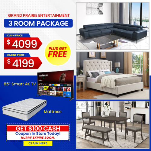 FREE 65 Inch TV PLUS FREE MATTRESS - GRAND PRAIRIE 3 ROOM PACKAGE