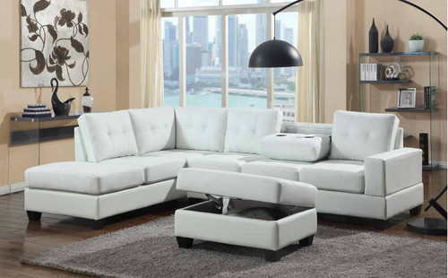 3 PCS HEIGHTS BONDED LEATHER SECTIONAL WITH DROP DOWN CUP HOLDER WITH OTTOMAN IN WHITE COLOR