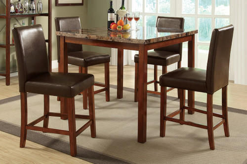 5-PIECES MARBLE FINISHED TOP BROWN FAUX LEATHER COUNTER HEIGHT SET