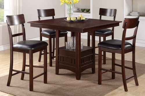 DARK ROSY BROWN FINISH BUILT-IN LAZY SUSAN 5-PIECES COUNTER HEIGHT SET