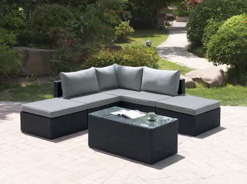 6PC OUTDOOR PATIO SOFA SET IN DARK BROWN RESIN WICKER FINISH WITH COCKTAIL TABLE AND GREY SEAT CUSHIONS
