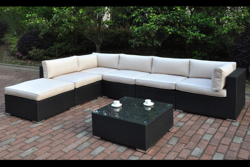 7PC OUTDOOR PATIO SECTIONAL SET IN DARK BROWN RESIN WICKER FINISH AND CREAM SEATS WITH BACK CUSHIONS