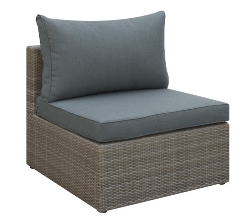 OUTDOOR ARMLESS CHAIR IN TAN RESIN WICKER AND GREY SEAT AND BACK CUSHIONS